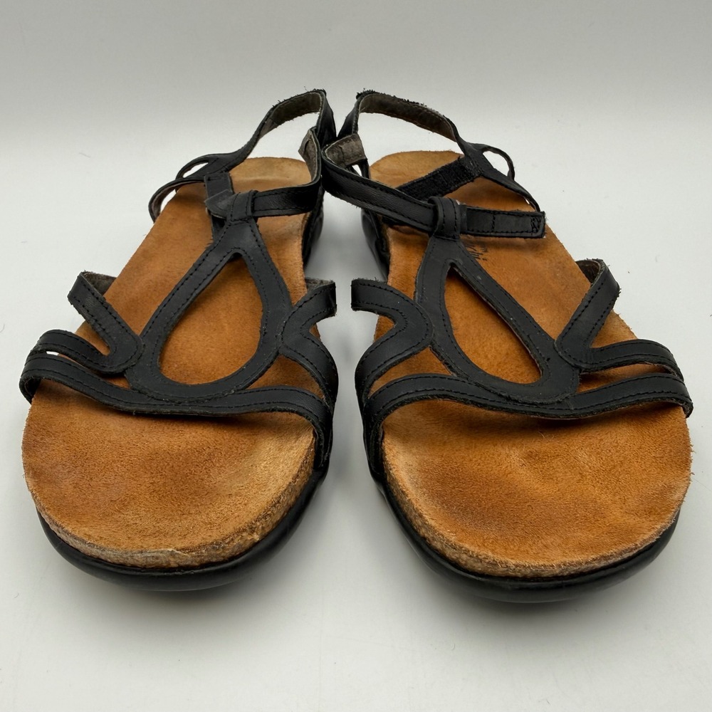 Naot Black Leather Strappy Sandals Cork Footbed Made in Israel Size 39 L8